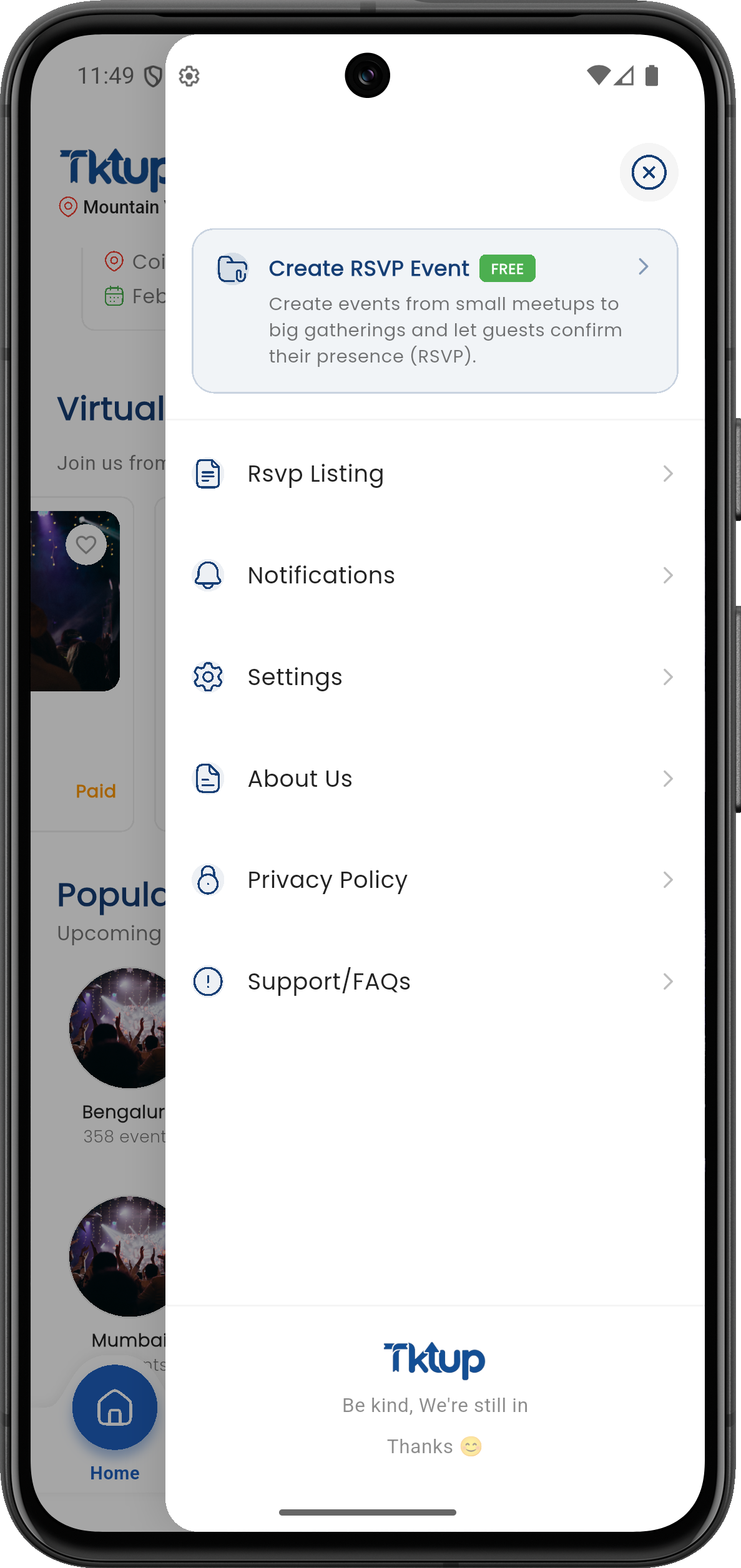 TicketUp mobile menu for choosing an event or RSVP event