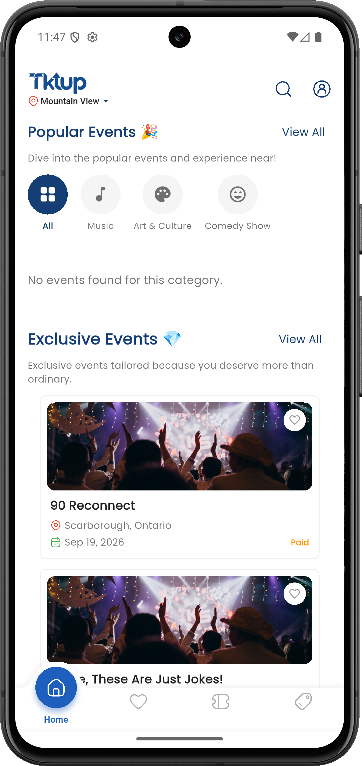 TicketUp mobile screen for discovering events