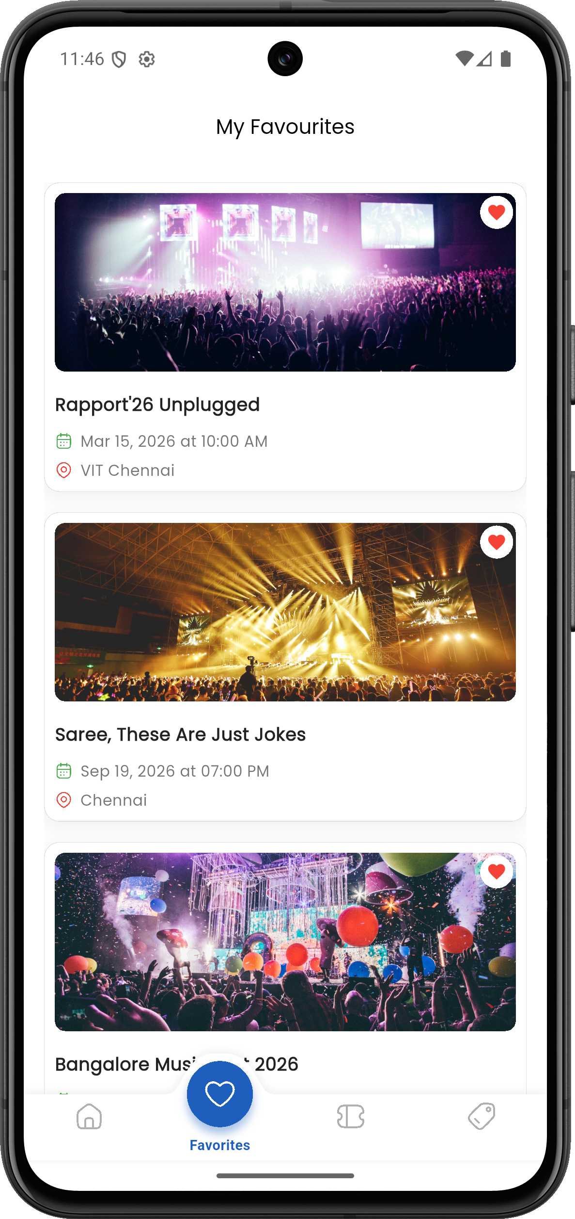 TicketUp mobile favourite events screen