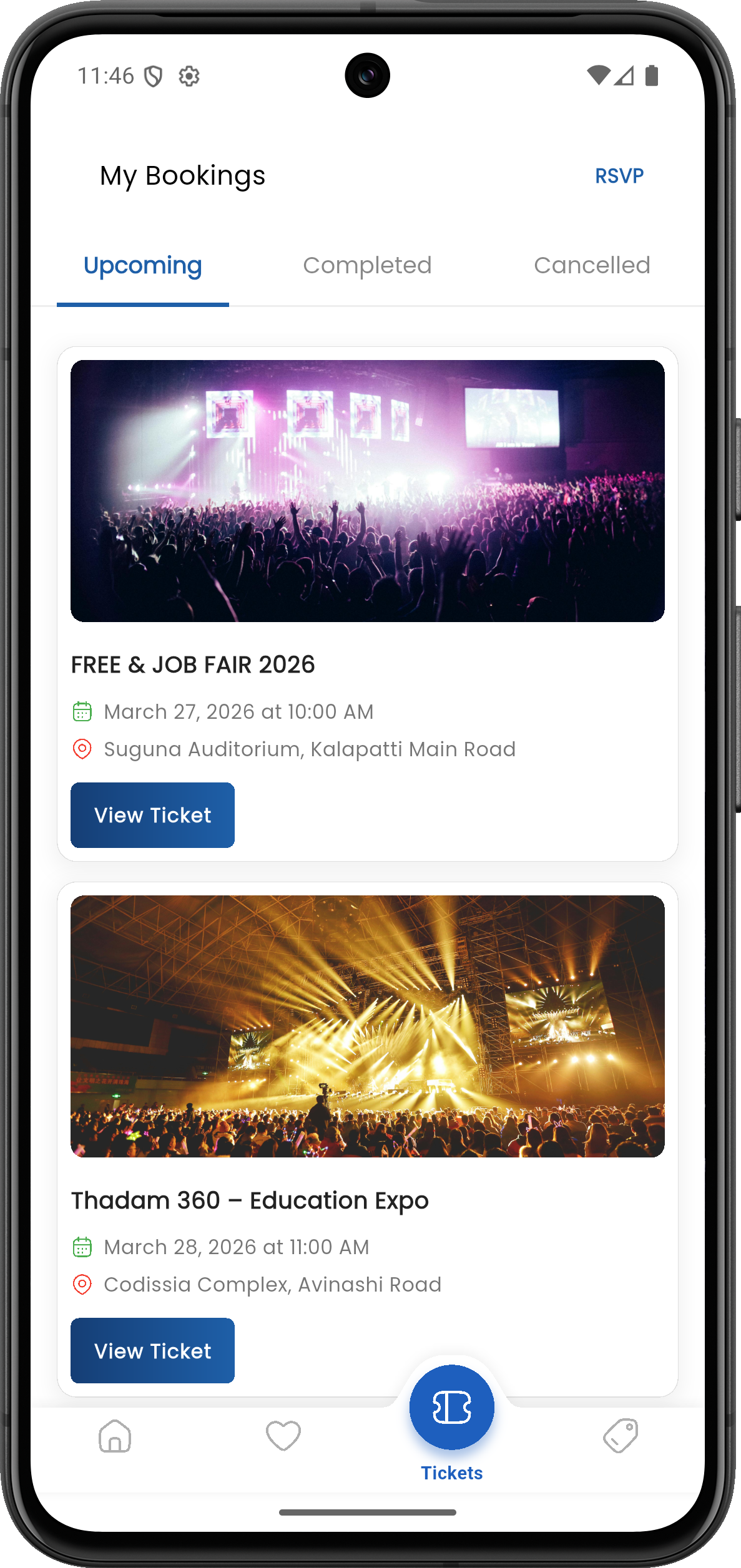 TicketUp mobile bookings management screen