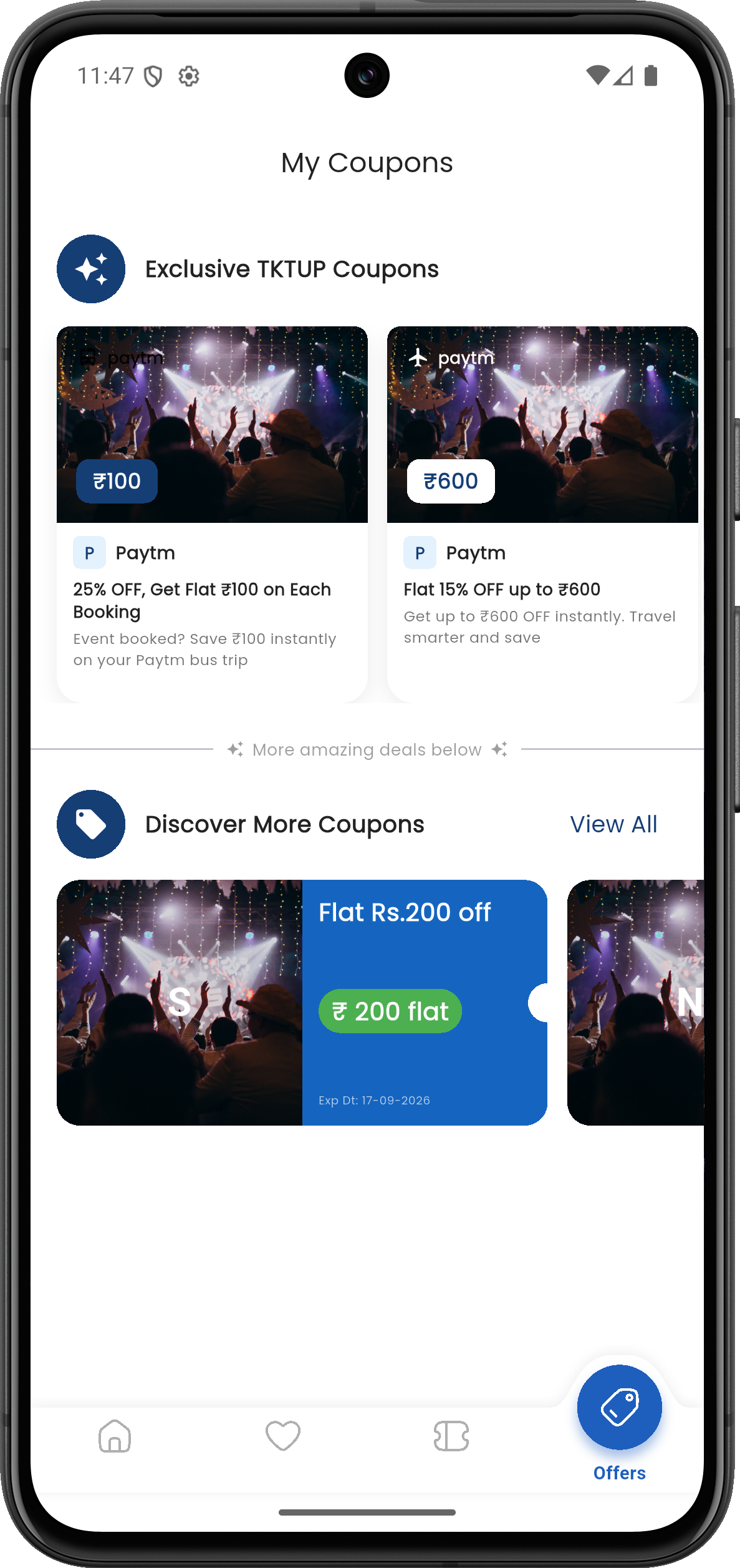 TicketUp mobile coupons management screen