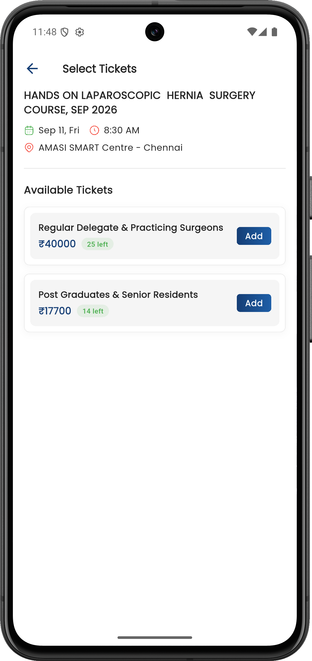 TicketUp mobile ticket selection screen