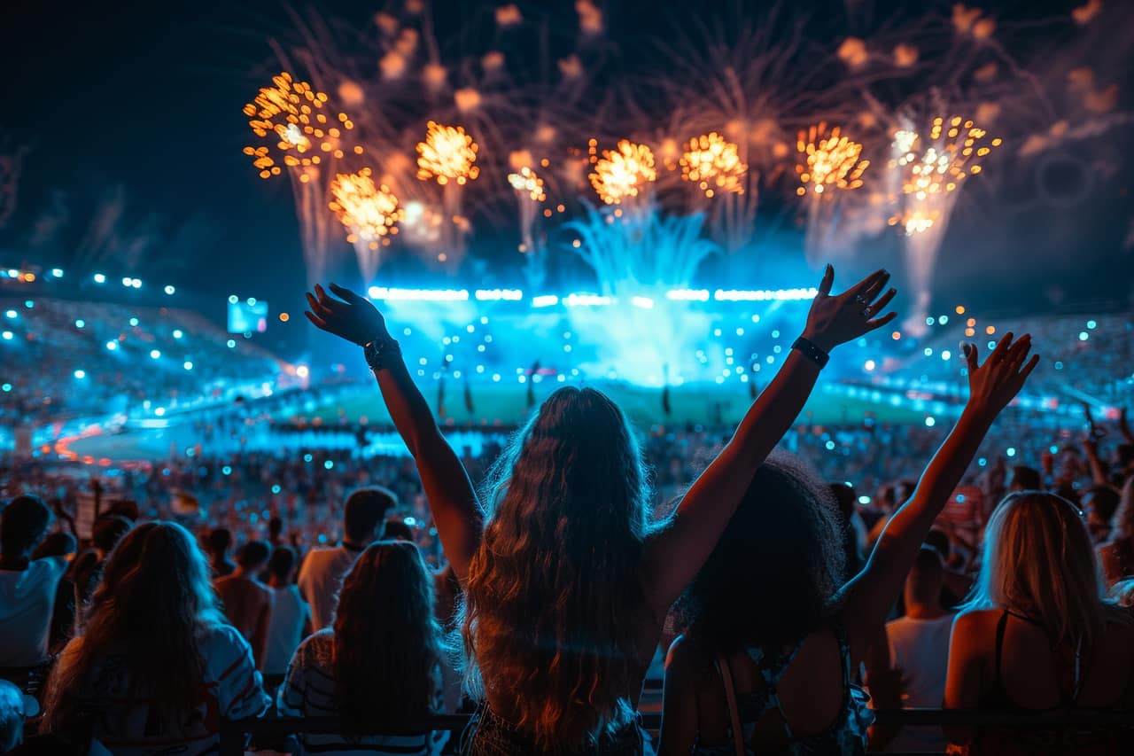 Crowd with raised arms in front of a lit stage and fireworks
