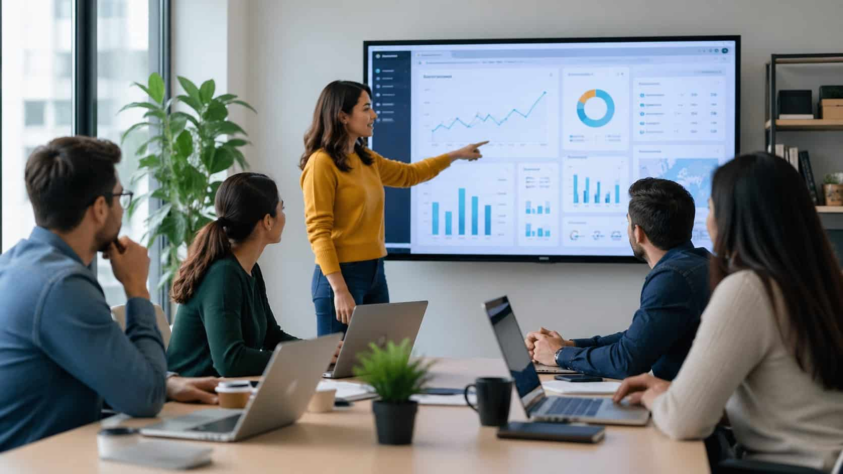 A presenter at a screen with a small group around a boardroom table